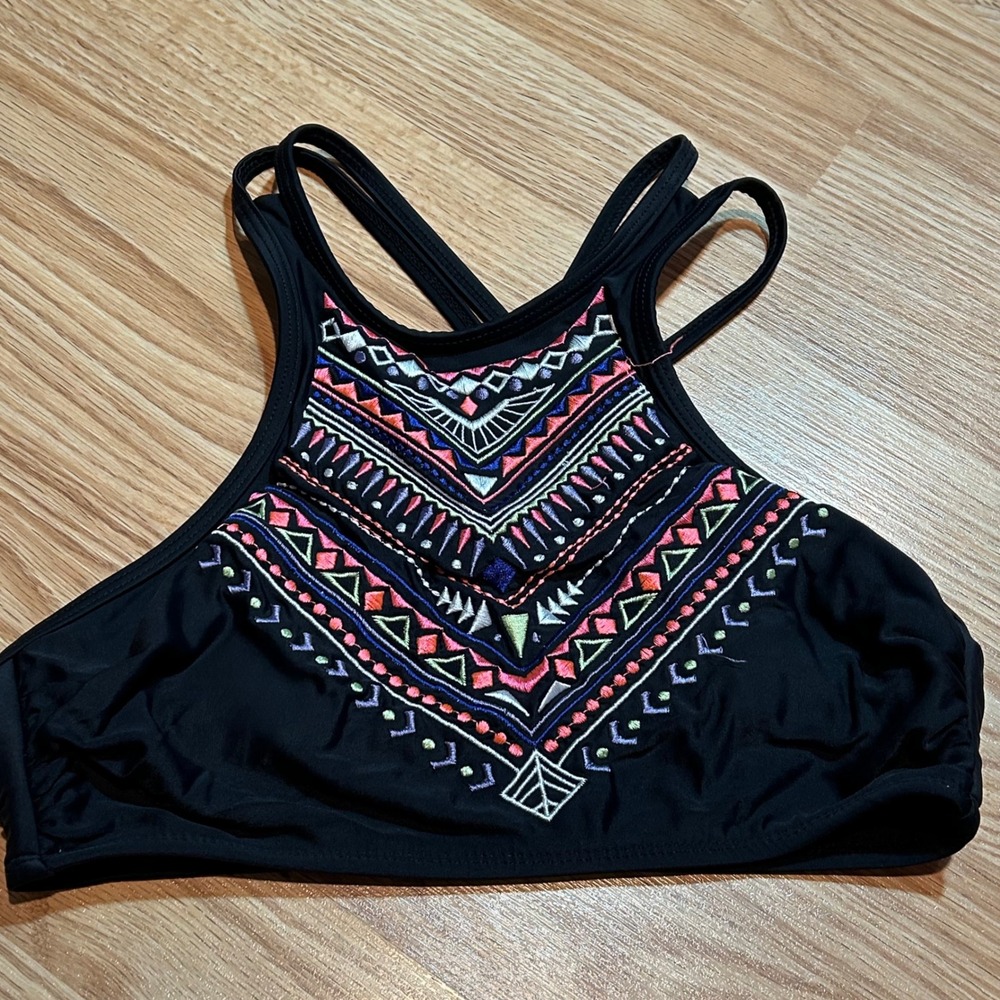 OP Ocean Pacific Black Embroidered High Neck Strappy Bikini Top Womens Medium